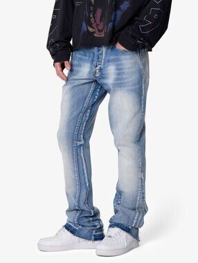 MNML B484 Flare Denim Light Wash Distressed Button Fly Raw Hem Jeans NWT US 33